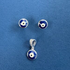New 925 Italy Sterling Silver Elegant Blue and Silver Evil Eye Jewelry Set